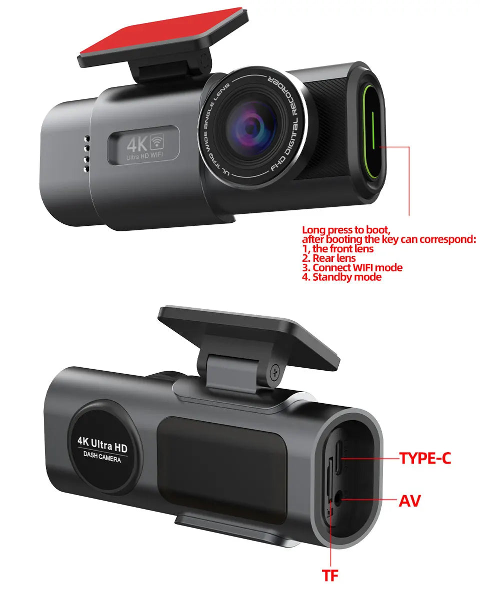 4K UHD Dash Cam with Night Vision, GPS & Wi-Fi