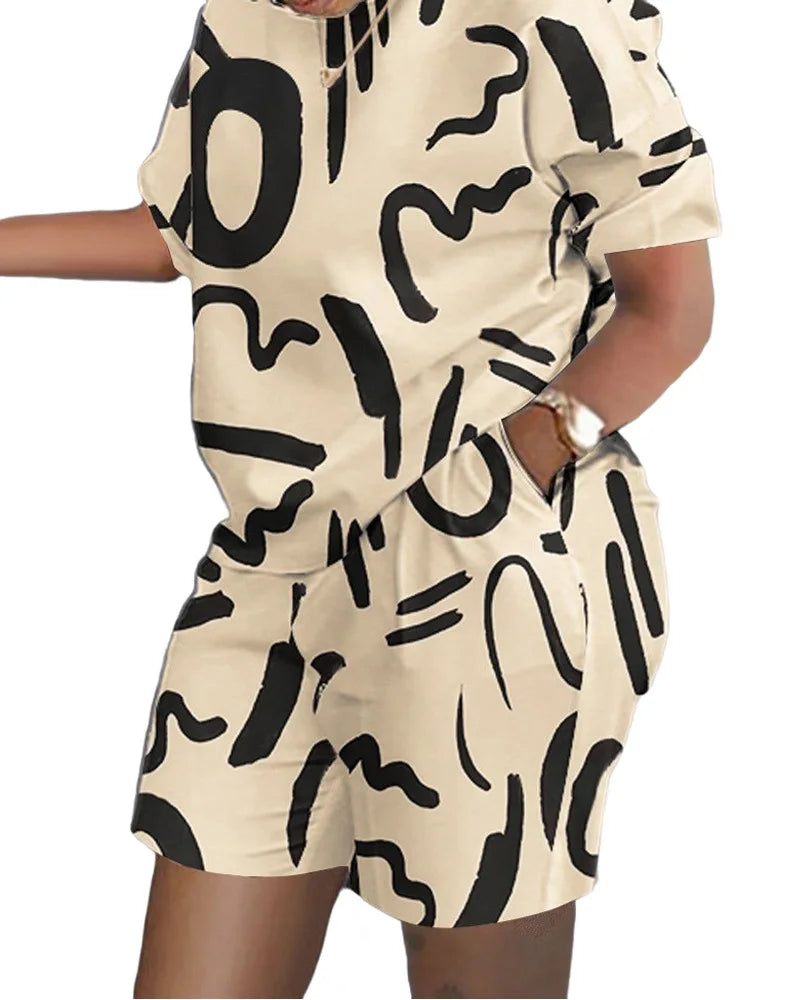 Women Casual Short Sleeve Outfit 2024 Summer Fashion Letter Printed O Neck Pocket Suit Female T Shirt Top Shorts Two Pieces Set